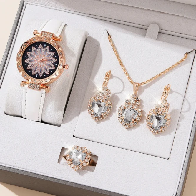 Luxury 5-Piece Women's Watch & Jewelry Gift Set – Analog Leather Watch with Necklace, Earrings, Ring & Bracelet